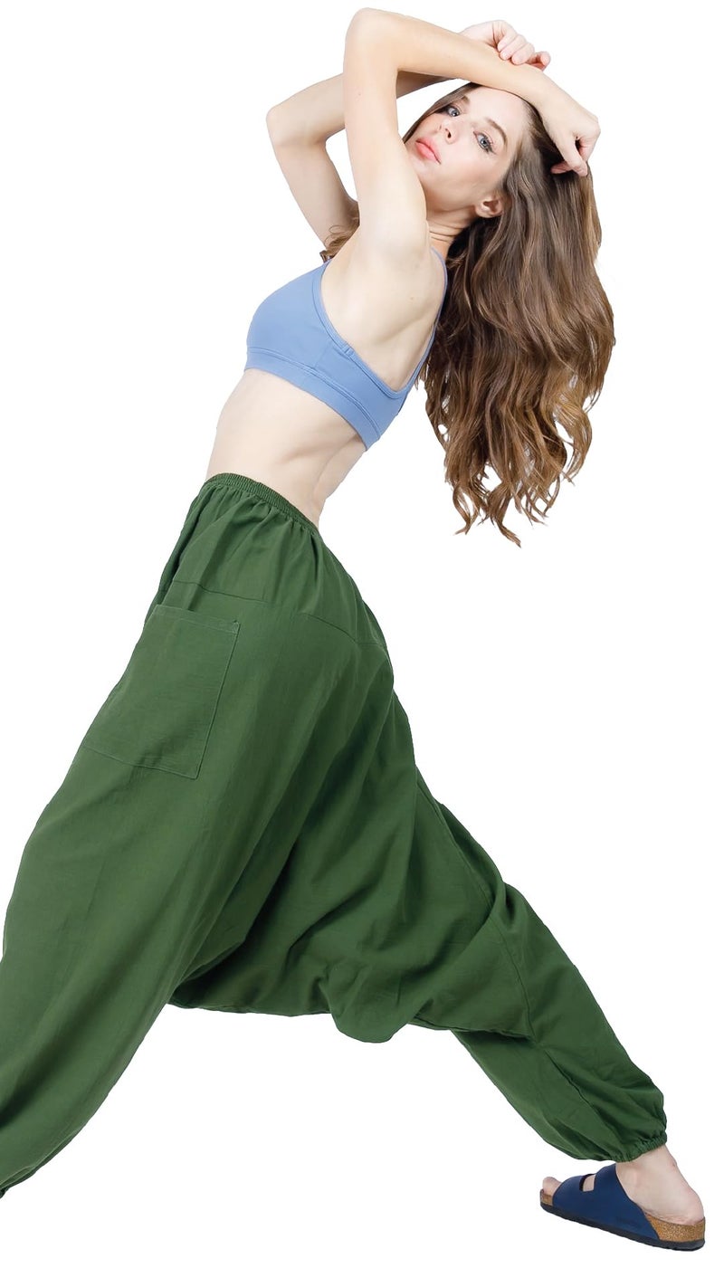 CandyHusky Women Cotton Harem Pants Casual Elastic Waist Boho Pants Comfort Soft - Green - Image 4